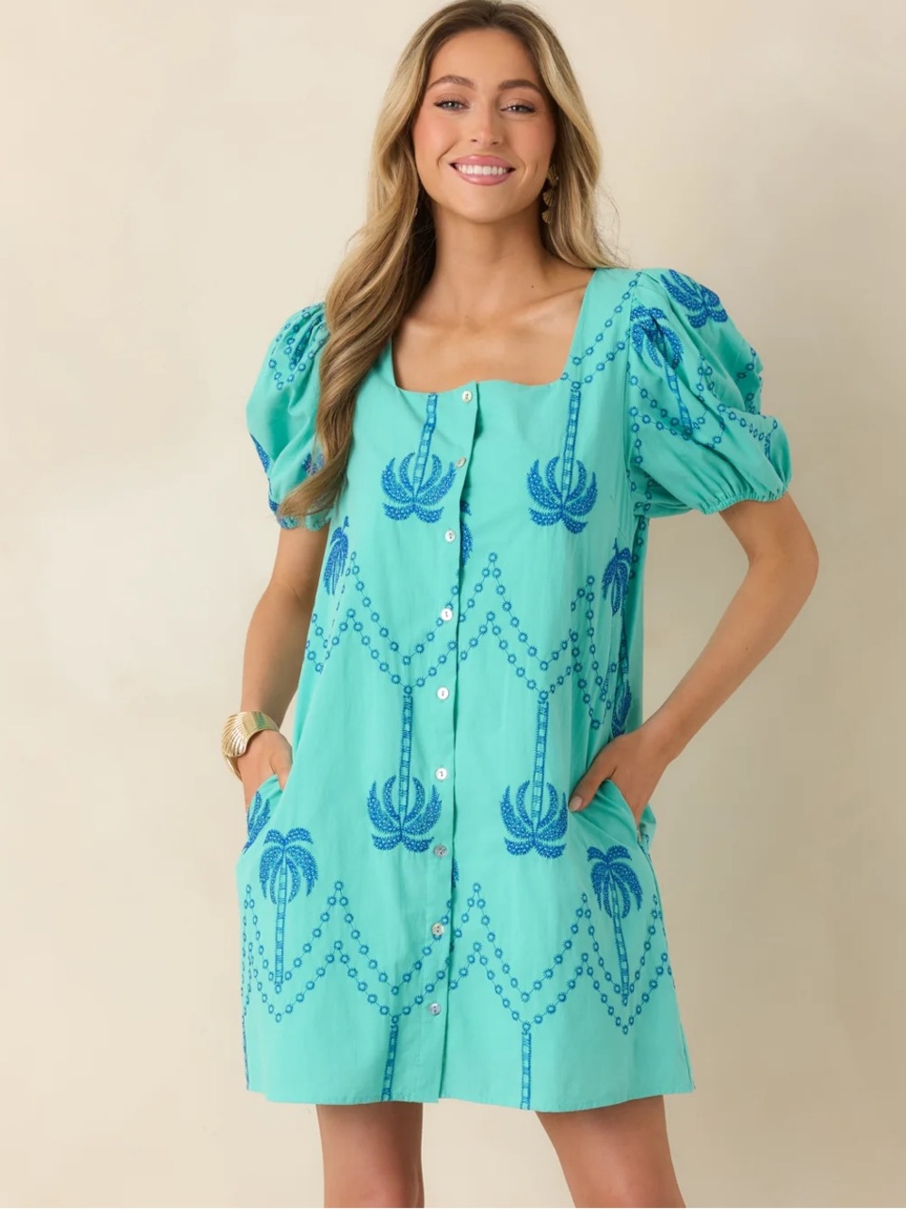 New! Entro Vacation Palm Print Puff-Sleeve Mini Dress Size M